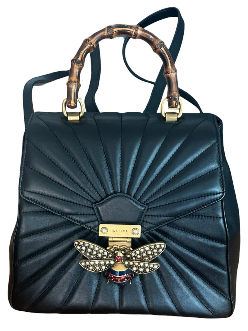 Gucci Queen Margaret Black Leather Bamboo Bee Backpack Bag Auth Entrupy